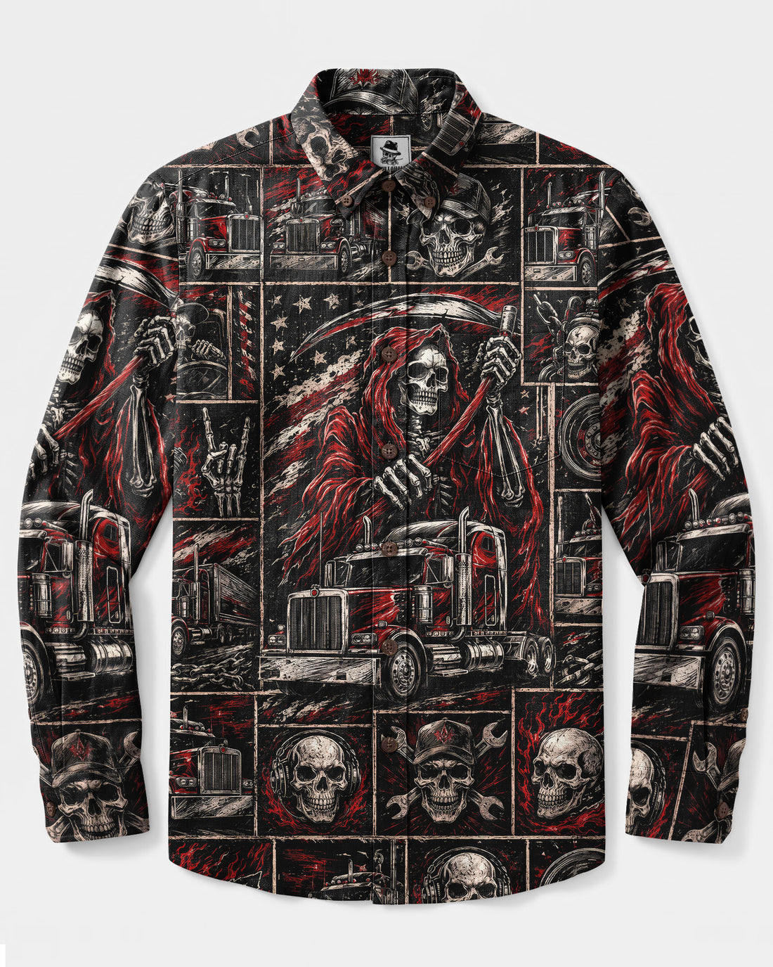 REAPER SKULL TRUCKER PATCHWORK LONG SLEEVE BUTTON-DOWN SHIRT - TLNO2608262