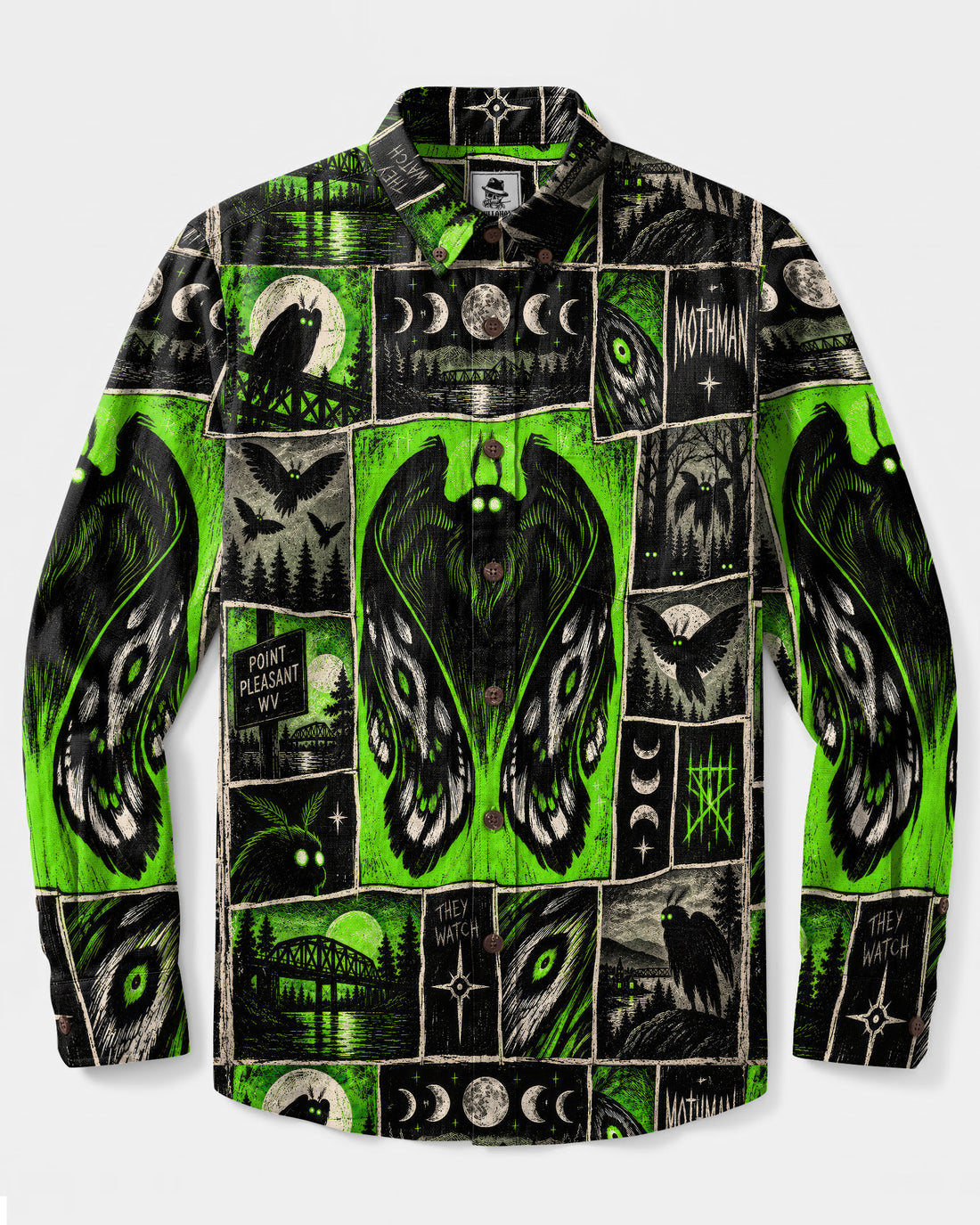 MOTHMAN GREEN ECLIPSE PATCHWORK LONG SLEEVE BUTTON-DOWN SHIRT - TLNO2409262