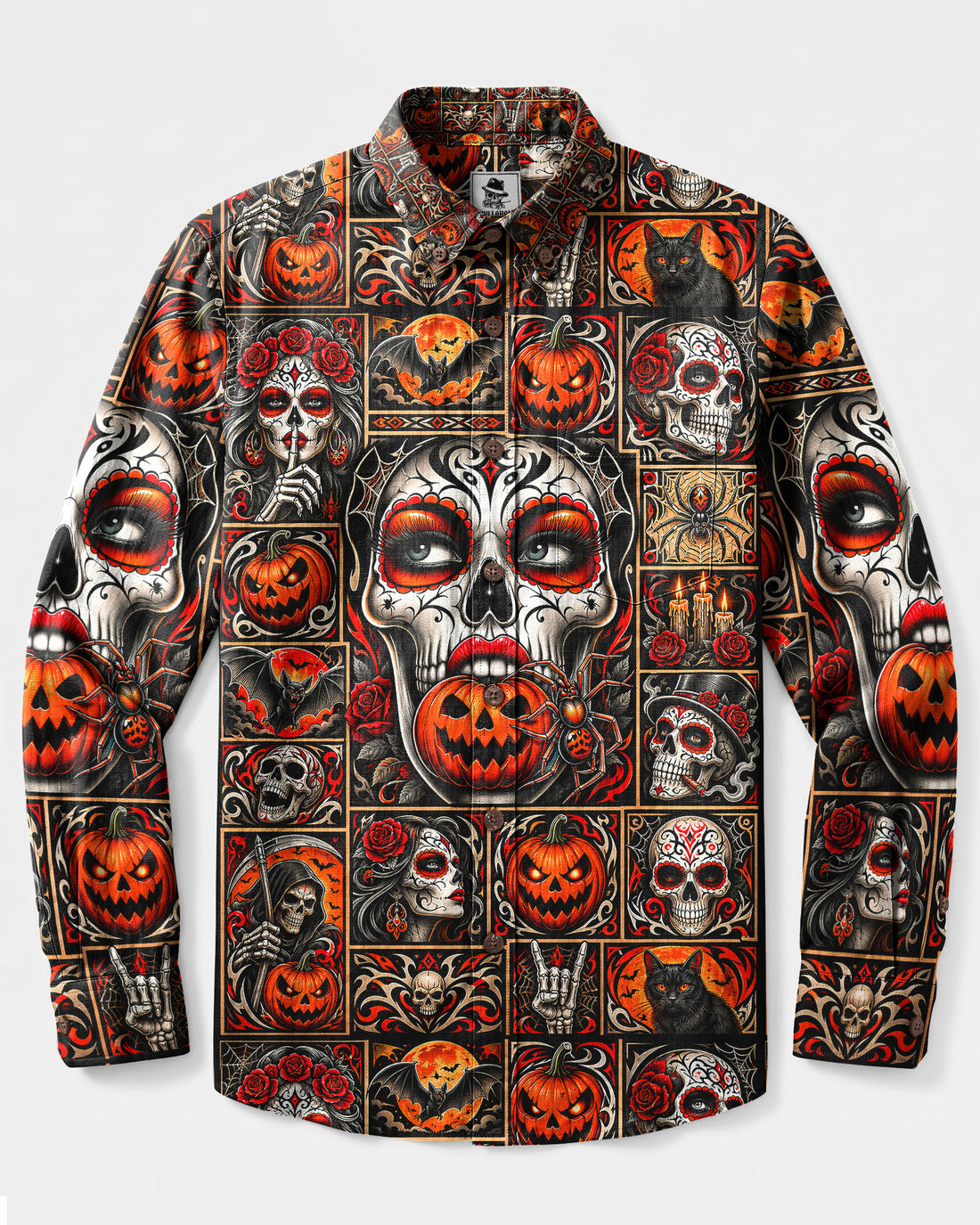 SUGAR SKULL DAY OF THE DEAD HALLOWEEN PATCHWORK LONG SLEEVE BUTTON-DOWN SHIRT - TLNT0409266