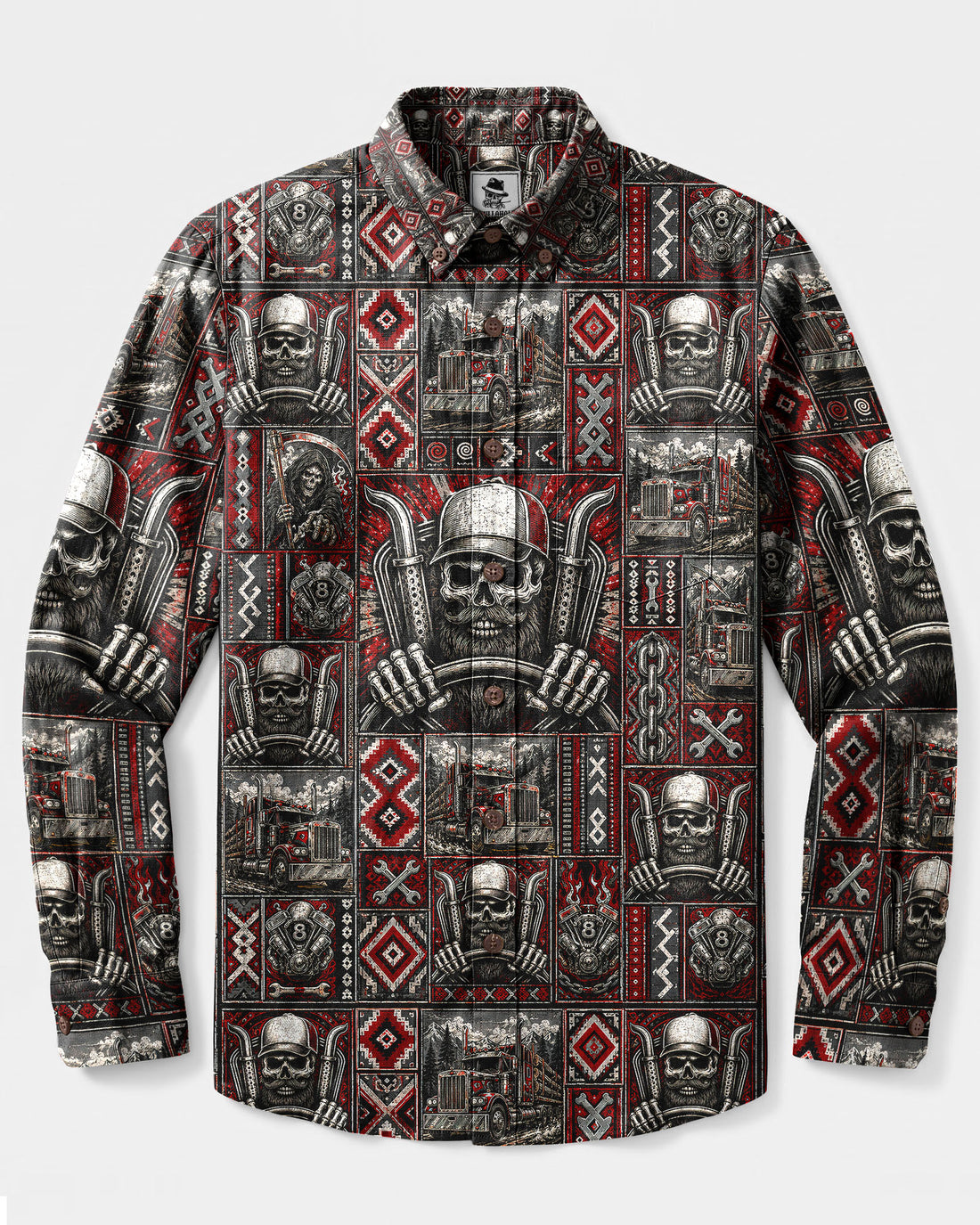 HIGHWAY TRIBAL SKULL TRUCKER PATCHWORK LONG SLEEVE BUTTON-DOWN SHIRT - TLNT2608264