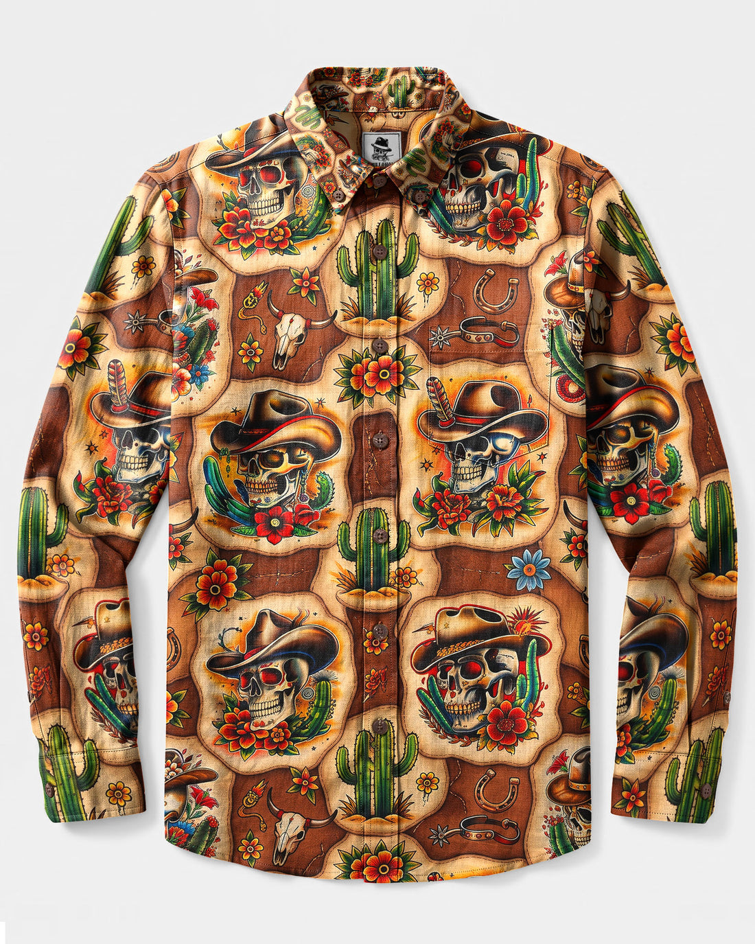 COWBOY SKULL WESTERN PATCHWORK LONG SLEEVE BUTTON-DOWN SHIRT - TLNT04092612