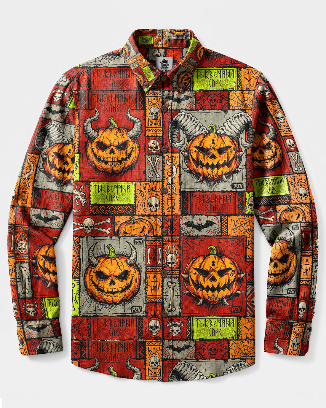 TRIBAL DEMON PUMPKIN HALLOWEEN MOSAIC LONG SLEEVE BUTTON-DOWN SHIRT - TLHG2908264