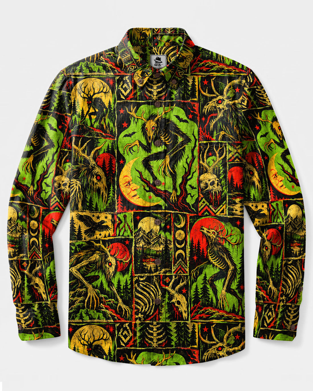 WENDIGO CURSED FOREST PATCHWORK LONG SLEEVE BUTTON-DOWN SHIRT - TLTW2909266