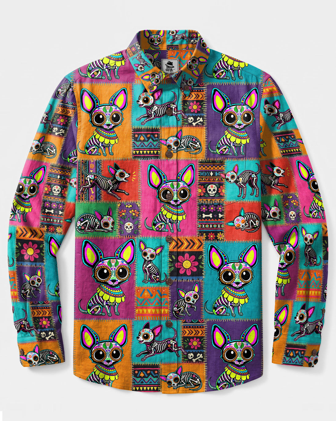 COLORFUL CALAVERA CHIHUAHUA DOG PATCHWORK LONG SLEEVE BUTTON-DOWN SHIRT - TLTW1809263