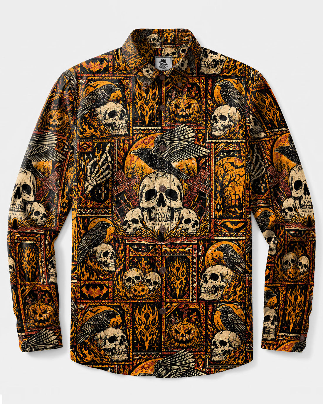 SKULL RAVEN HALLOWEEN PATCHWORK LONG SLEEVE BUTTON-DOWN SHIRT - TLTW0709263