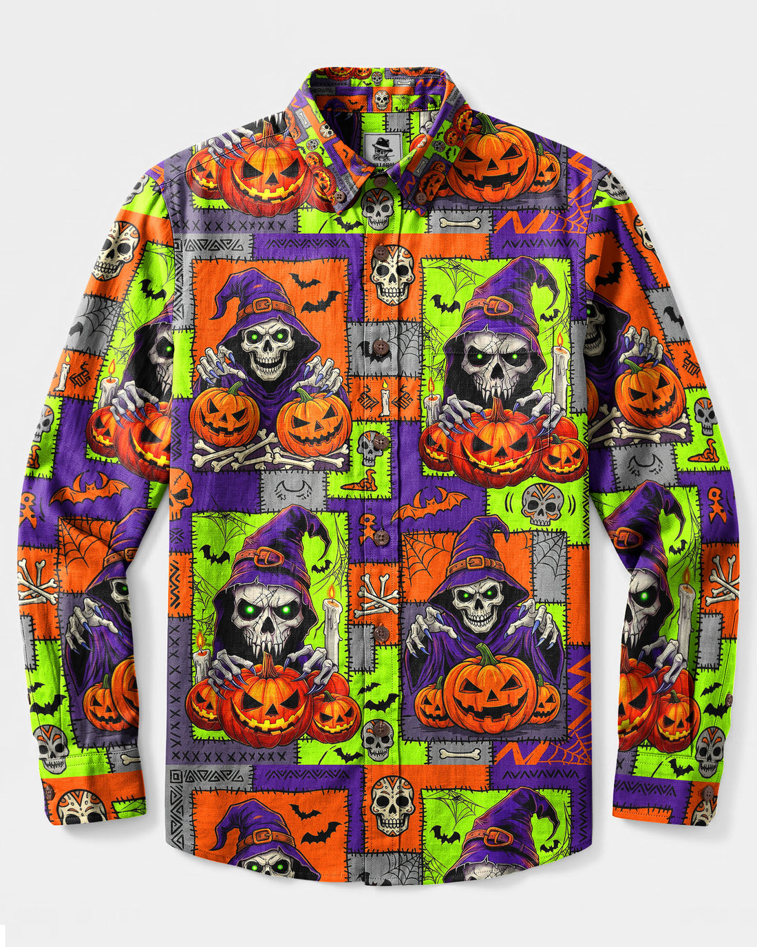 SKULL WITCHY HALLOWEEN PATCHWORK LONG SLEEVE BUTTON-DOWN SHIRT - TLNT03092615