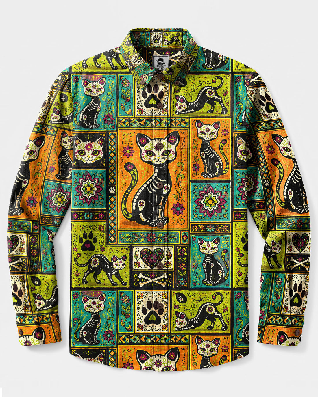 DIA DE LOS MUERTOS BLACK CAT MOSAIC LONG SLEEVE BUTTON-DOWN SHIRT - TLHG1809268