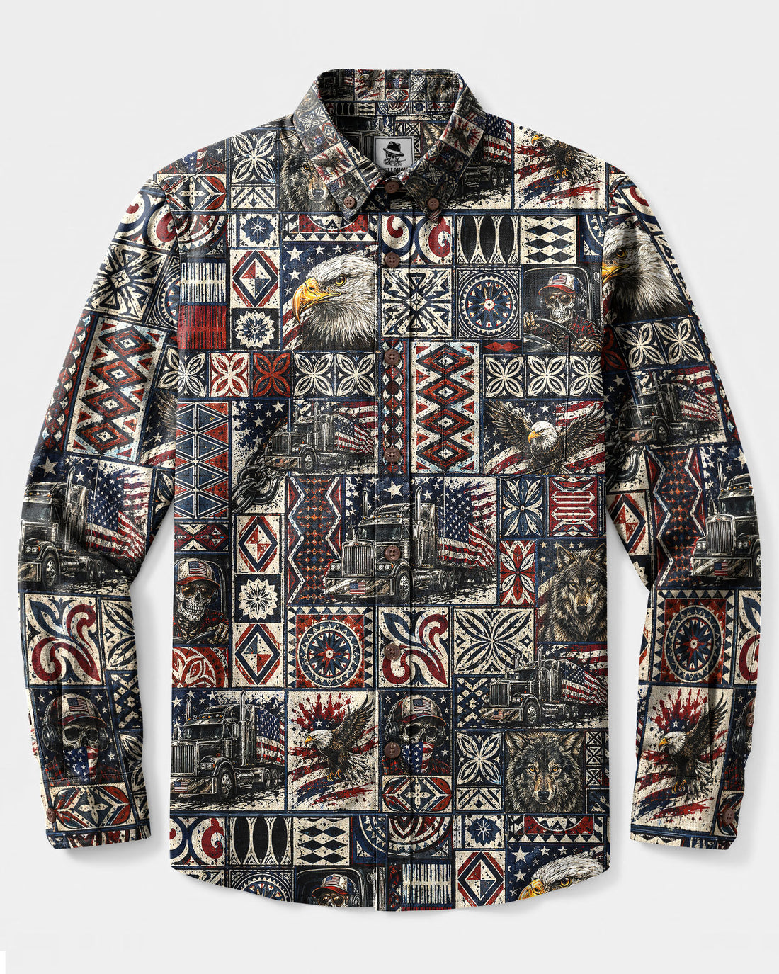 GRUNGE TRUCK PATCHWORK LONG SLEEVE BUTTON-DOWN SHIRT - TLNT25082615