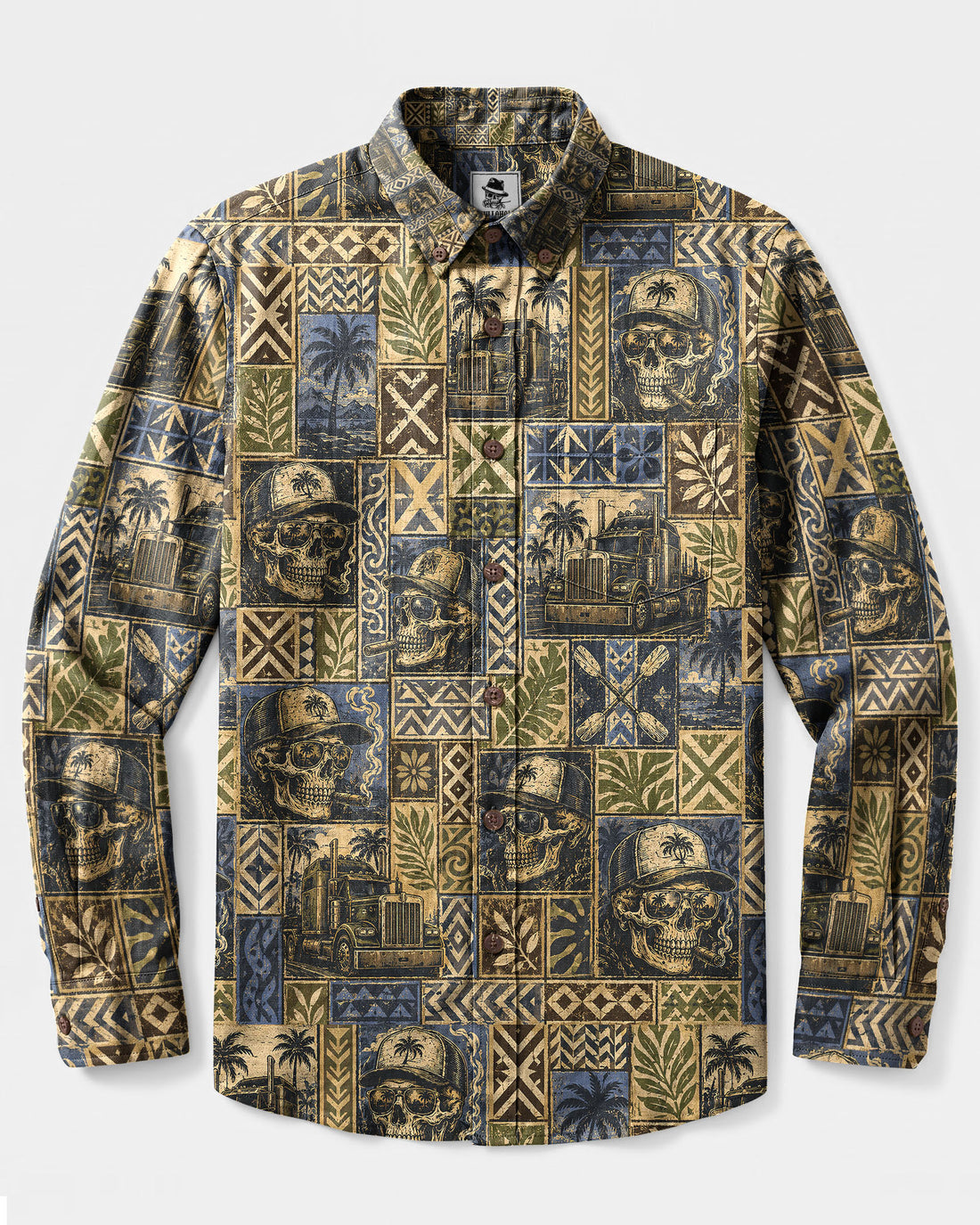 VINTAGE SKULL TRUCKER PATCHWORK LONG SLEEVE BUTTON-DOWN SHIRT - TLNT2708266