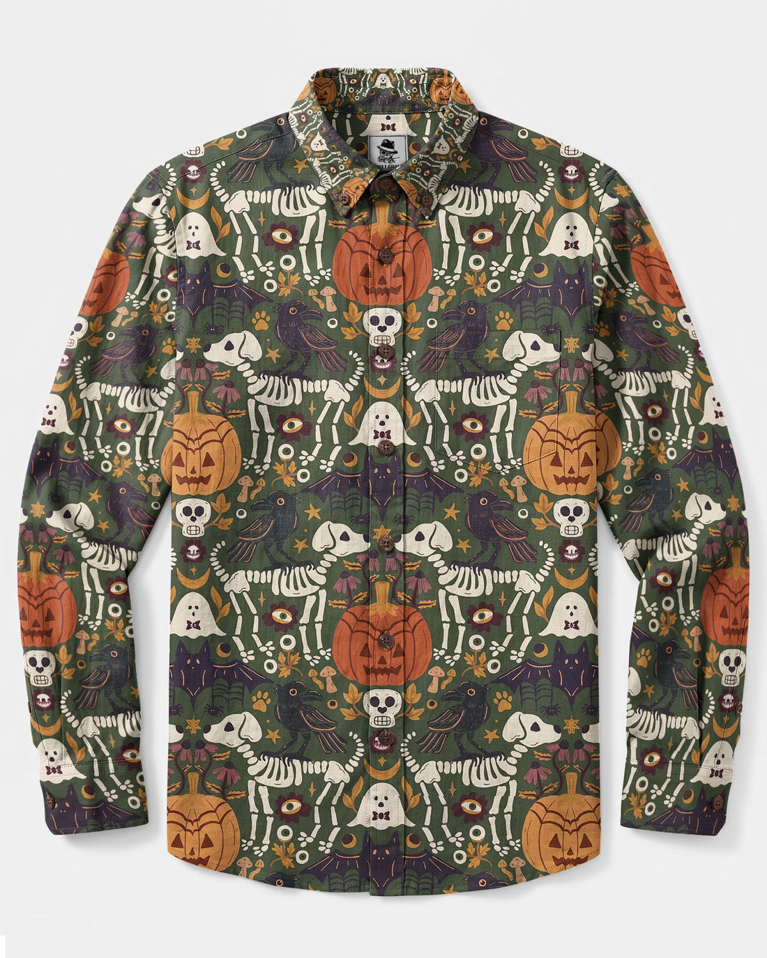 GOTHIC OLIVE SKELETON DOG AND RAVEN HALLOWEEN LONG SLEEVE BUTTON-DOWN SHIRT - TYLN0409266