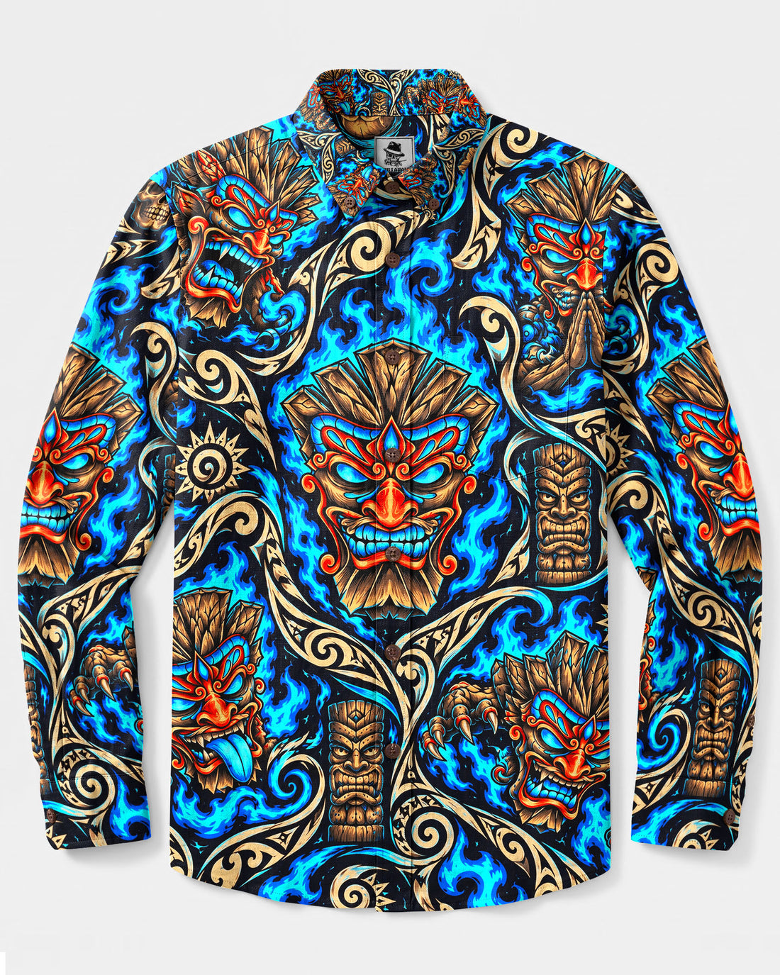 TIKI DEMON TRIBAL PATCHWORK LONG SLEEVE BUTTON-DOWN SHIRT - YHLN2309267