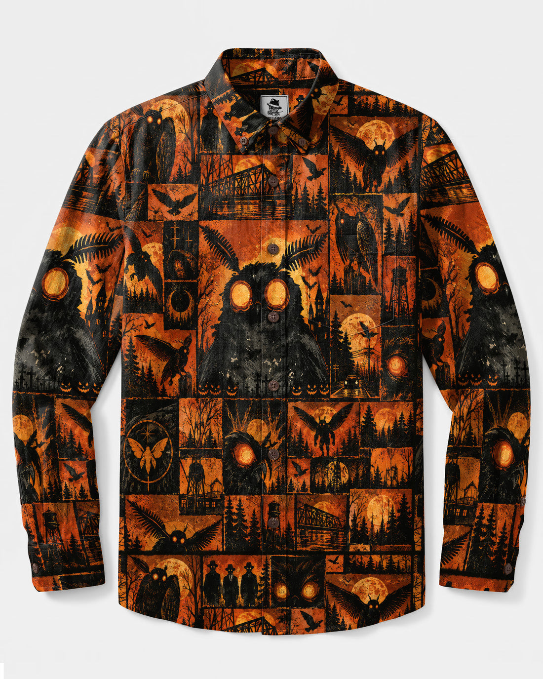 HORROR MIDNIGHT MOTHMAN PATCHWORK LONG SLEEVE BUTTON-DOWN SHIRT - TLNO2609265