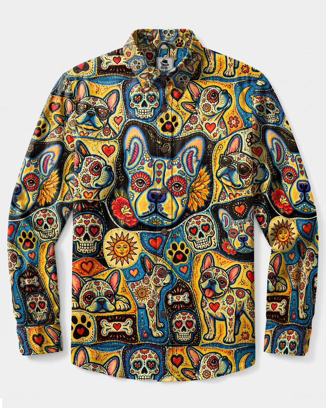 DIA DE LOS MUERTOS BULLDOG FOLK ART LONG SLEEVE BUTTON-DOWN SHIRT - TLTW1909269