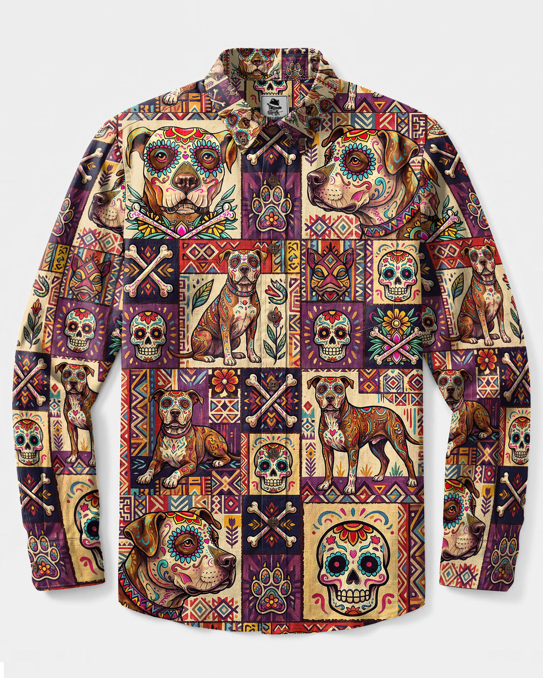 TRIBAL PITBULL DOG PATCHWORK LONG SLEEVE BUTTON-DOWN SHIRT - TLTW0809266