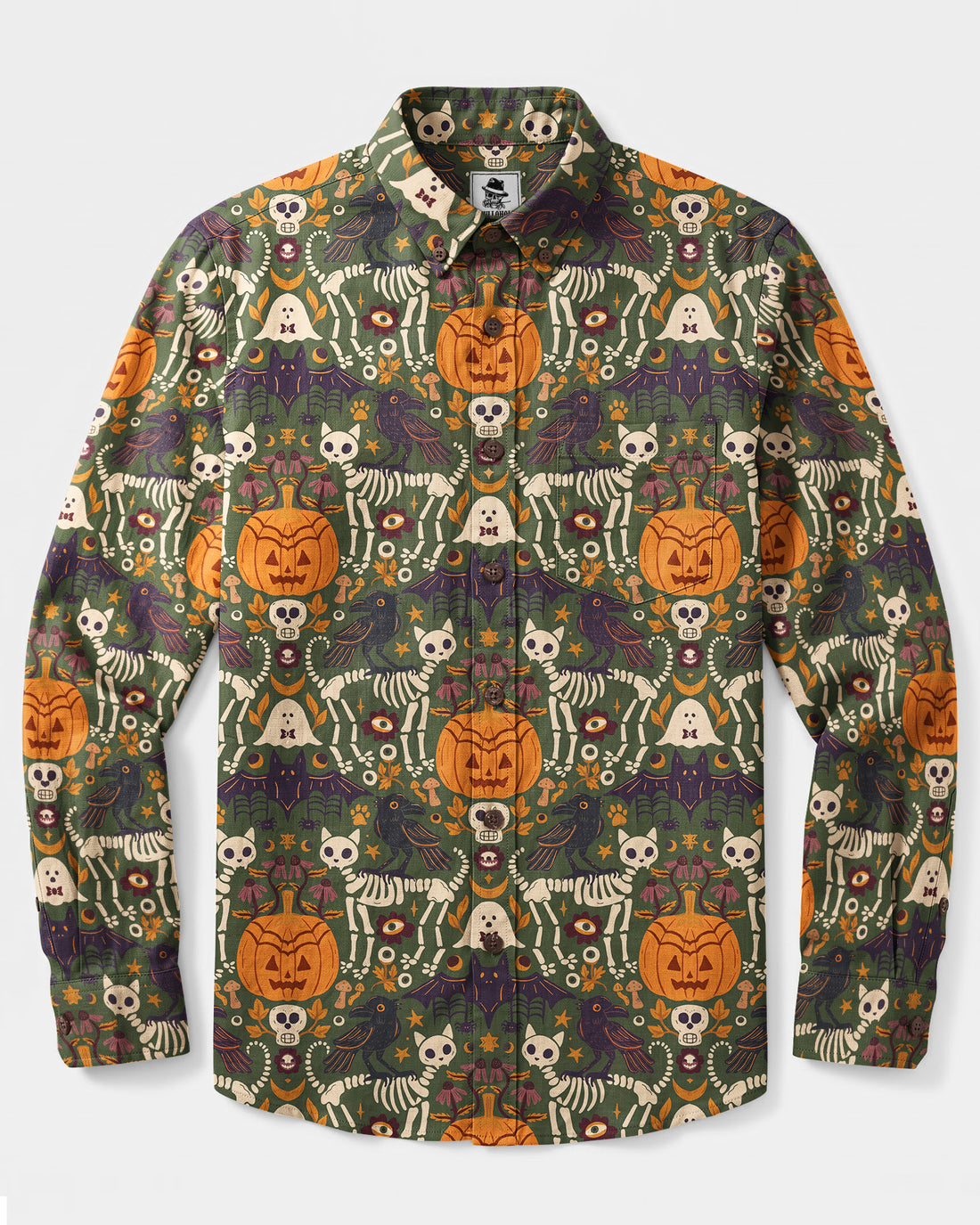 GOTHIC OLIVE SKELETON CAT AND RAVEN HALLOWEEN LONG SLEEVE BUTTON-DOWN SHIRT - TYQY2509264