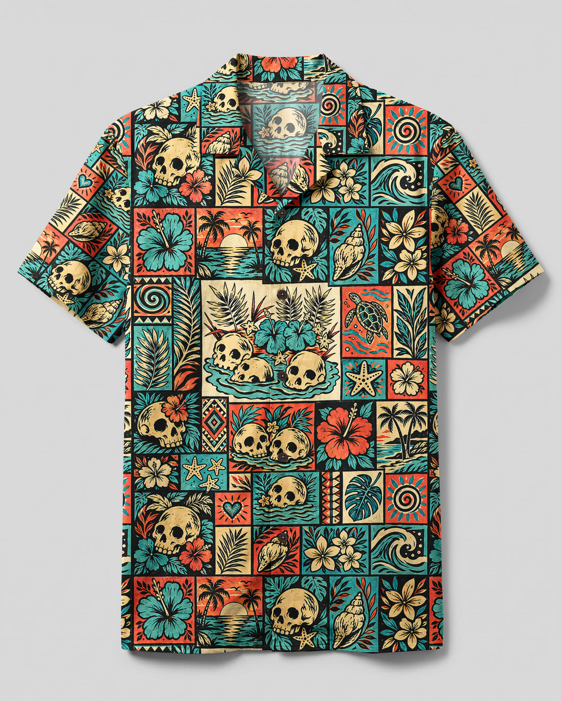 FLORAL SKULL PATCHWORK CAMP SHIRT - TYQY2409262