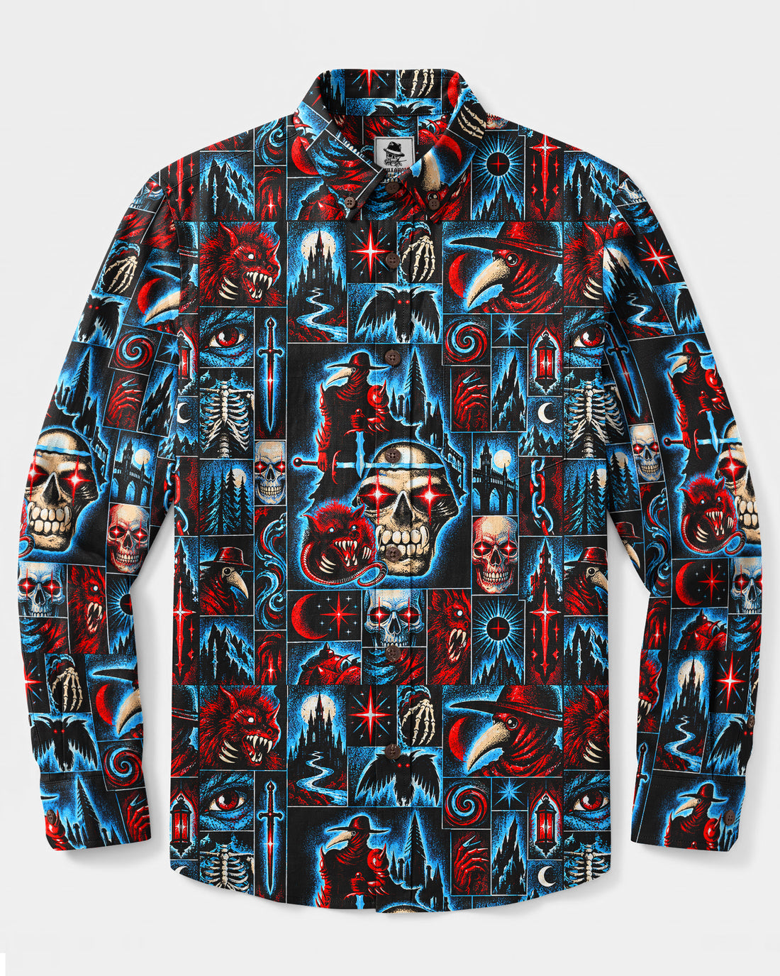 GOTHIC SKULL PATCHWORK LONG SLEEVE BUTTON-DOWN SHIRT - TYQY0210263