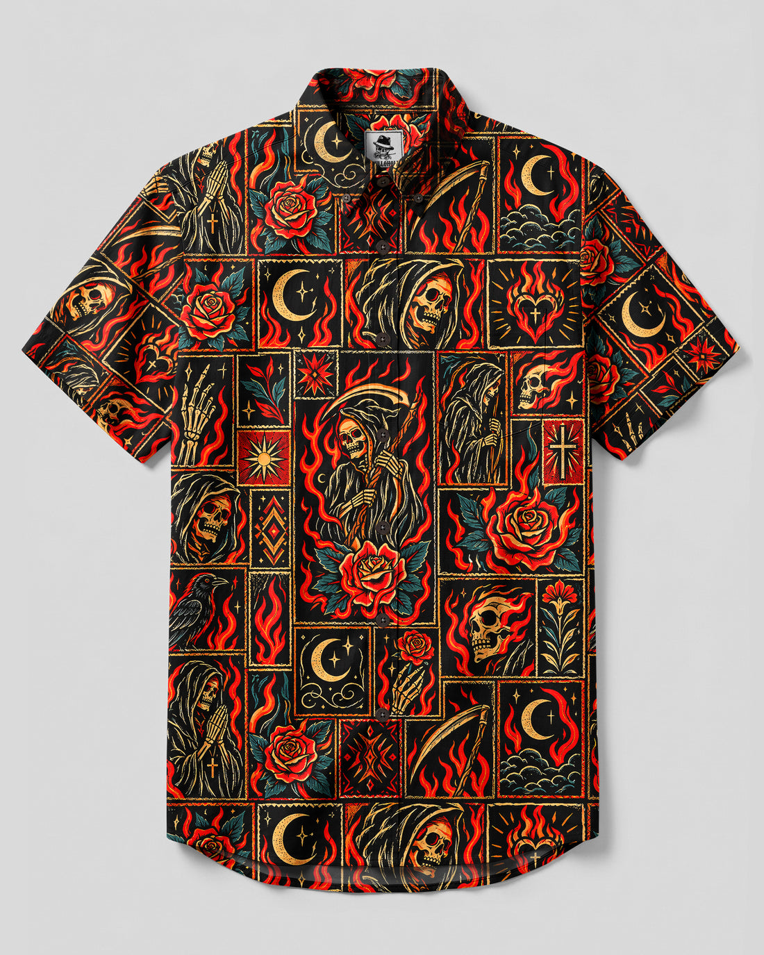 GRIM REAPER PATCHWORK BUTTON-DOWN COLLAR SHIRT - TYQY2209264