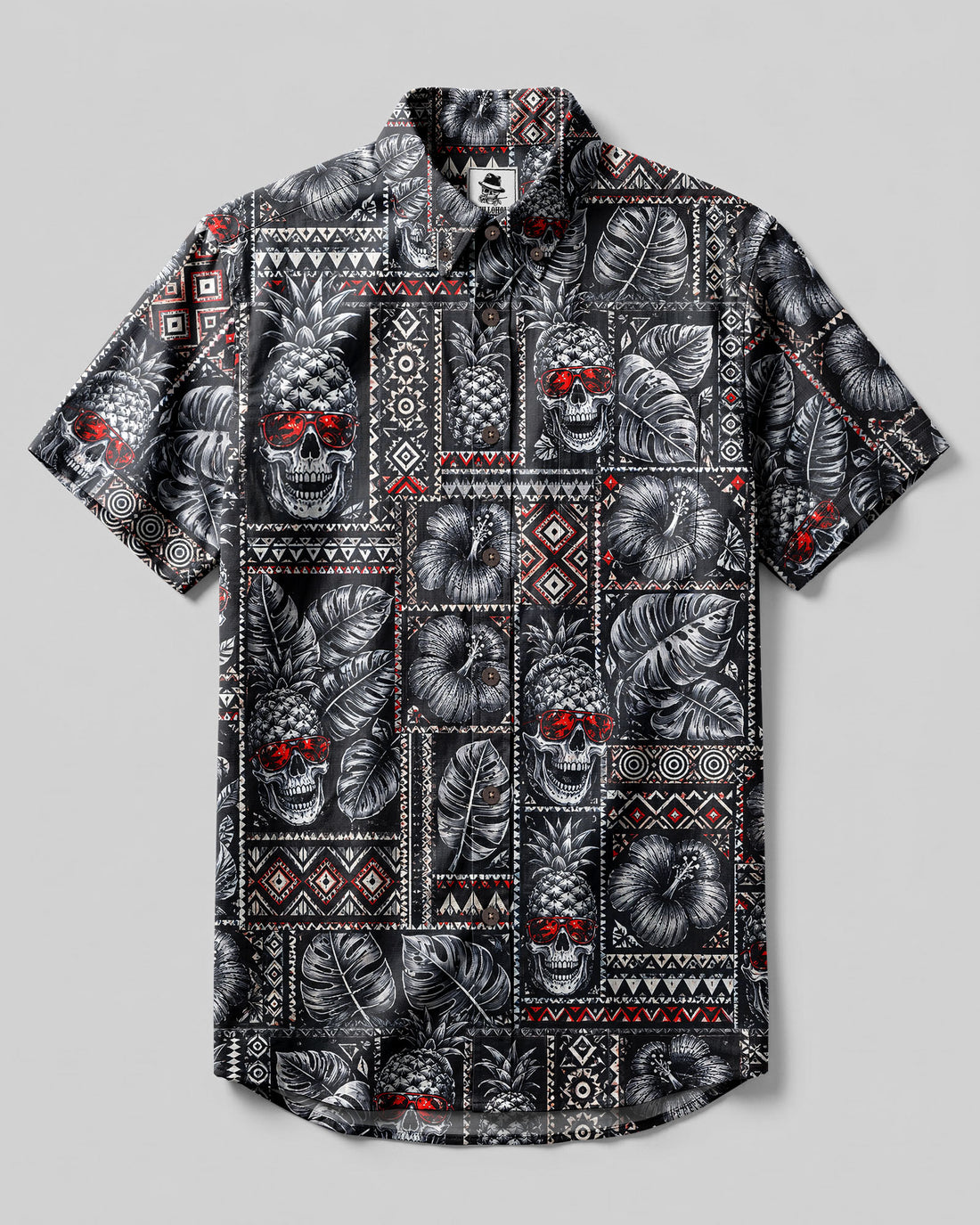 PINEAPPLE SKULL TRIBAL PATCHWORK BUTTON-DOWN COLLAR SHIRT - TLNT0708264