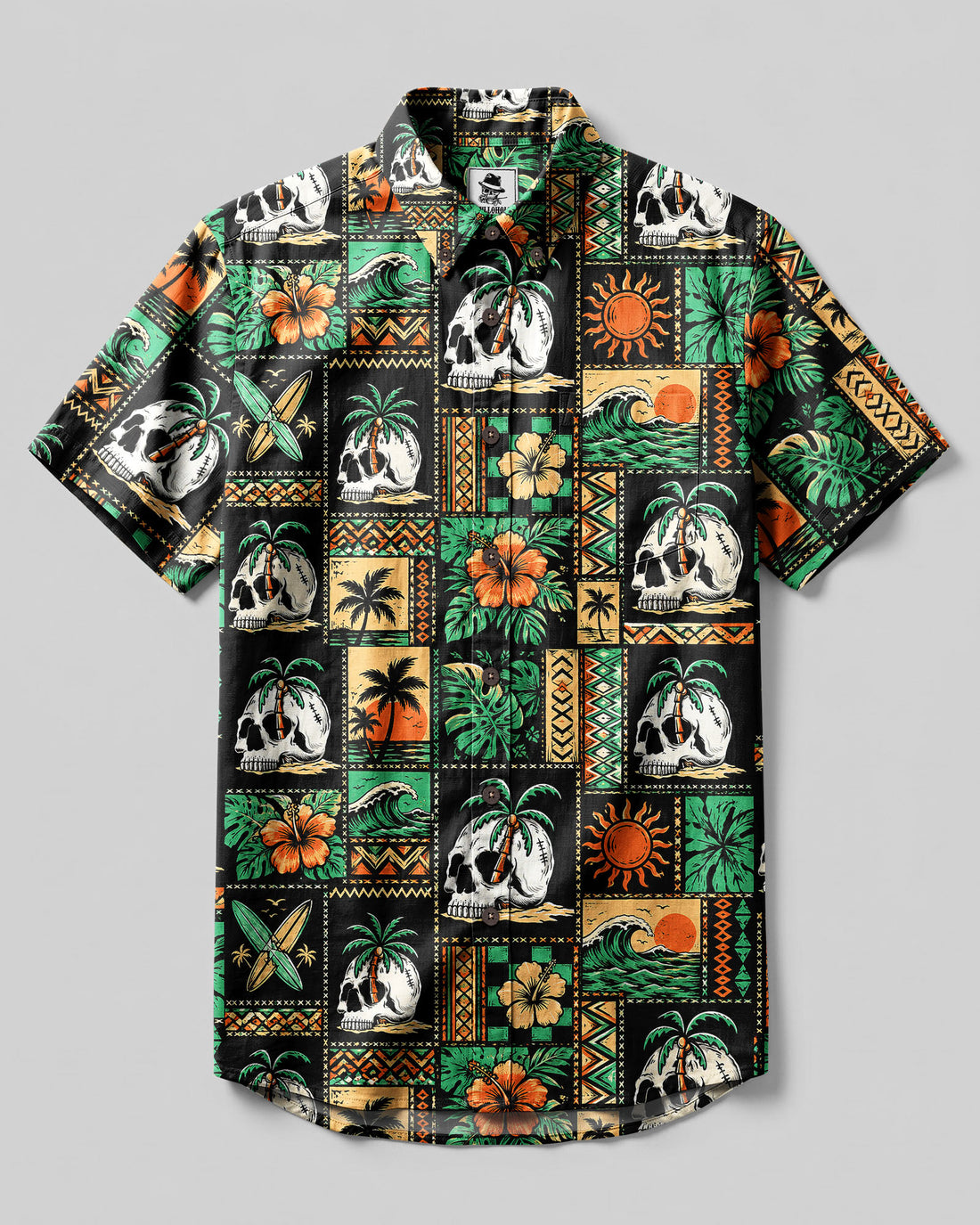 TROPICAL ALOHA SKULL PATCHWORK BUTTON-DOWN COLLAR SHIRT - TLNT0608265