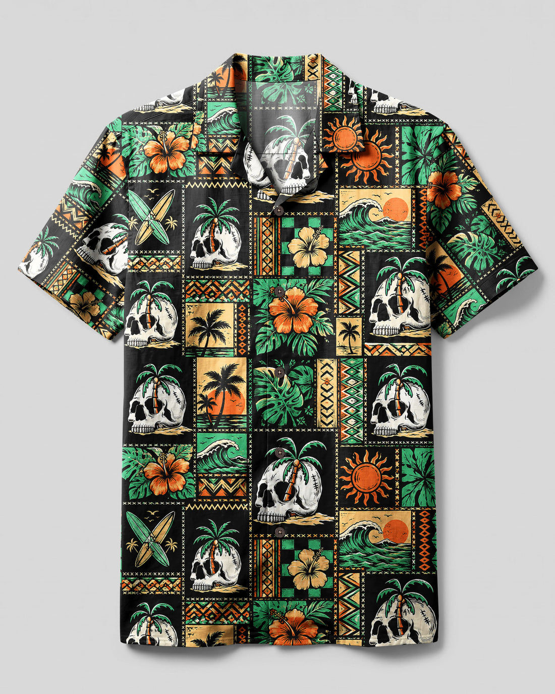 TROPICAL ALOHA SKULL PATCHWORK CAMP SHIRT - TLNT0608266