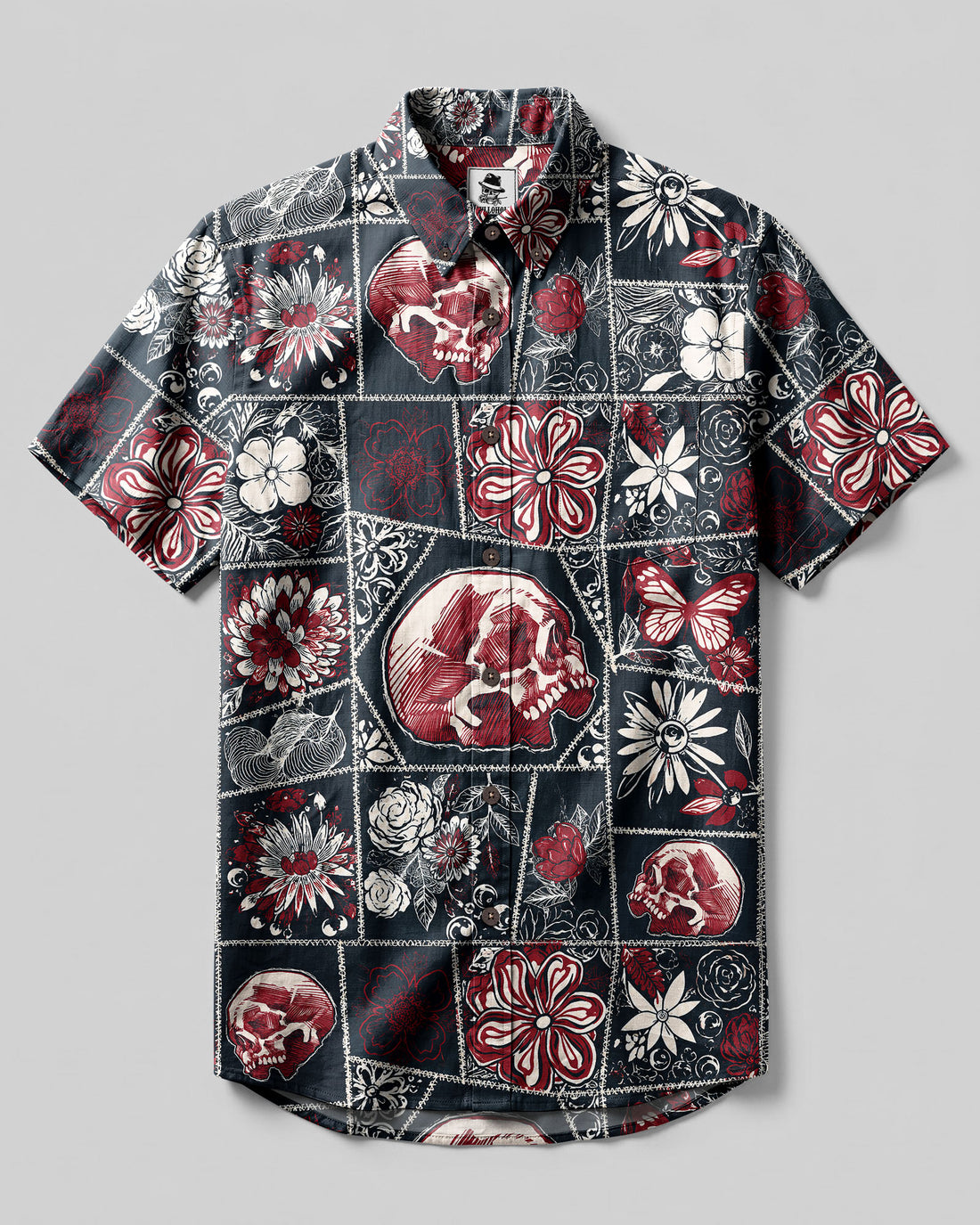 TATTOOED SKULL FLORAL PATCHWORK BUTTON-DOWN COLLAR SHIRT - TLNT0408263