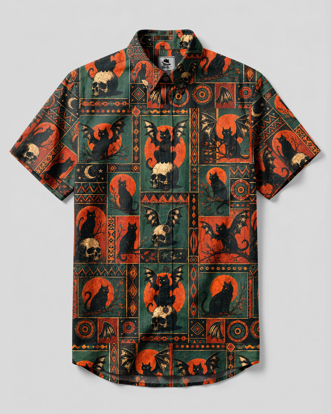 BLACK CAT SKULL MOON PATCHWORK BUTTON-DOWN COLLAR SHIRT - TLHN0409261