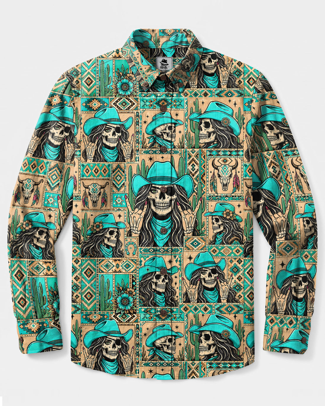 COWGIRL SKULL PATCHWORK LONG SLEEVE BUTTON-DOWN SHIRT - TLHN0709263