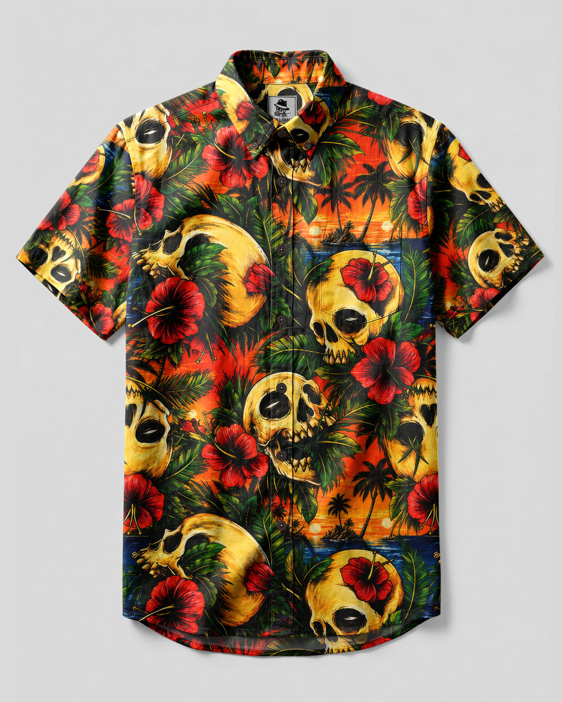 TROPICAL SKULL SUNSET BUTTON-DOWN COLLAR SHIRT - TLTW2906265