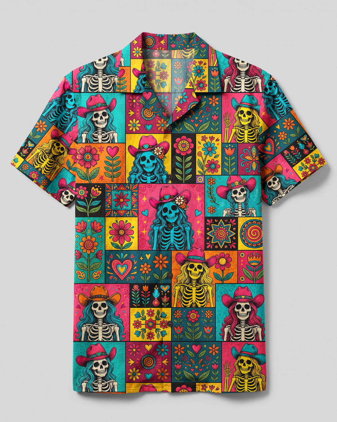 WESTERN COWGIRL SKULL FLORAL PATCHWORK CAMP SHIRT - TYQY2808265