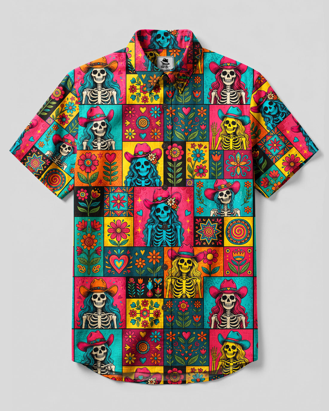 WESTERN COWGIRL SKULL FLORAL PATCHWORK BUTTON-DOWN COLLAR SHIRT - TYQY2808264