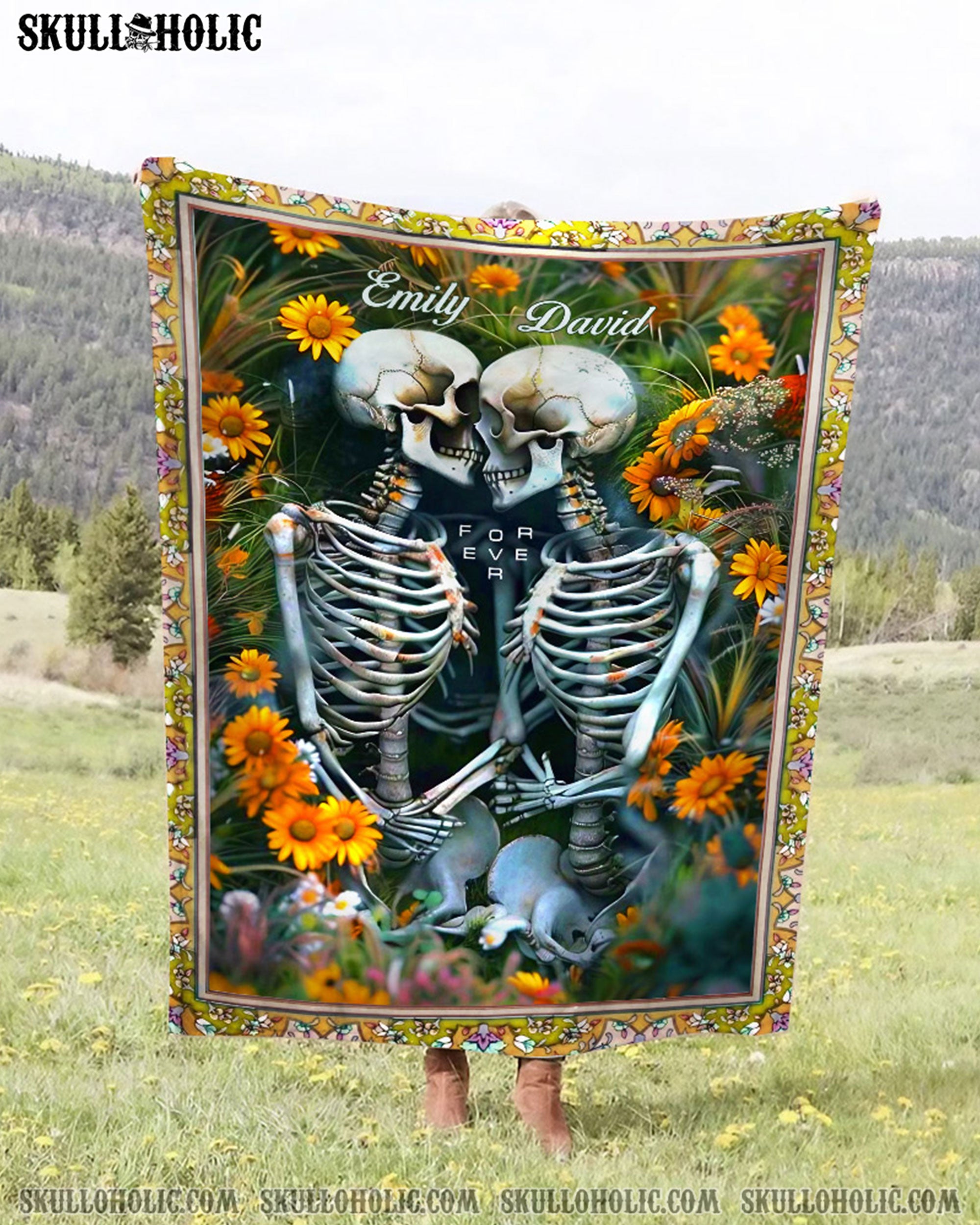 PERSONALIZED SKULL COUPLE FLOWERS FLEECE BLANKET - YHHN0402254