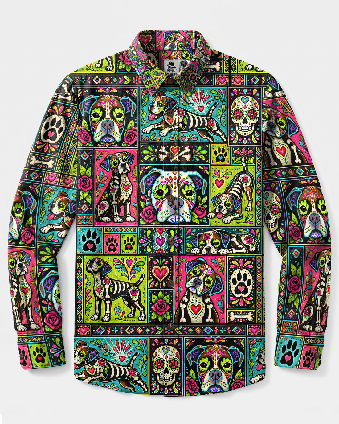 CALAVERA BOXER DOG PATCHWORK LONG SLEEVE BUTTON-DOWN SHIRT - TLHN2109263