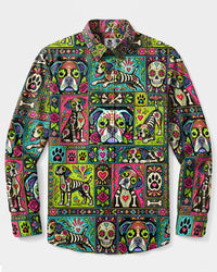 CALAVERA BOXER DOG PATCHWORK LONG SLEEVE BUTTON-DOWN SHIRT - TLHN2109263
