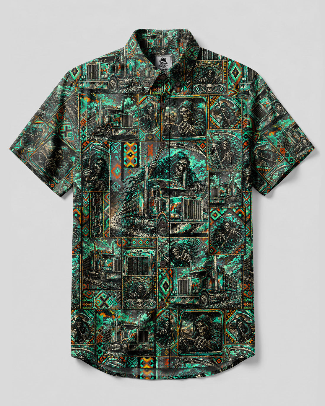 TRIBAL REAPER SKULL TRUCK BUTTON-DOWN COLLAR SHIRT - TLHN2608264