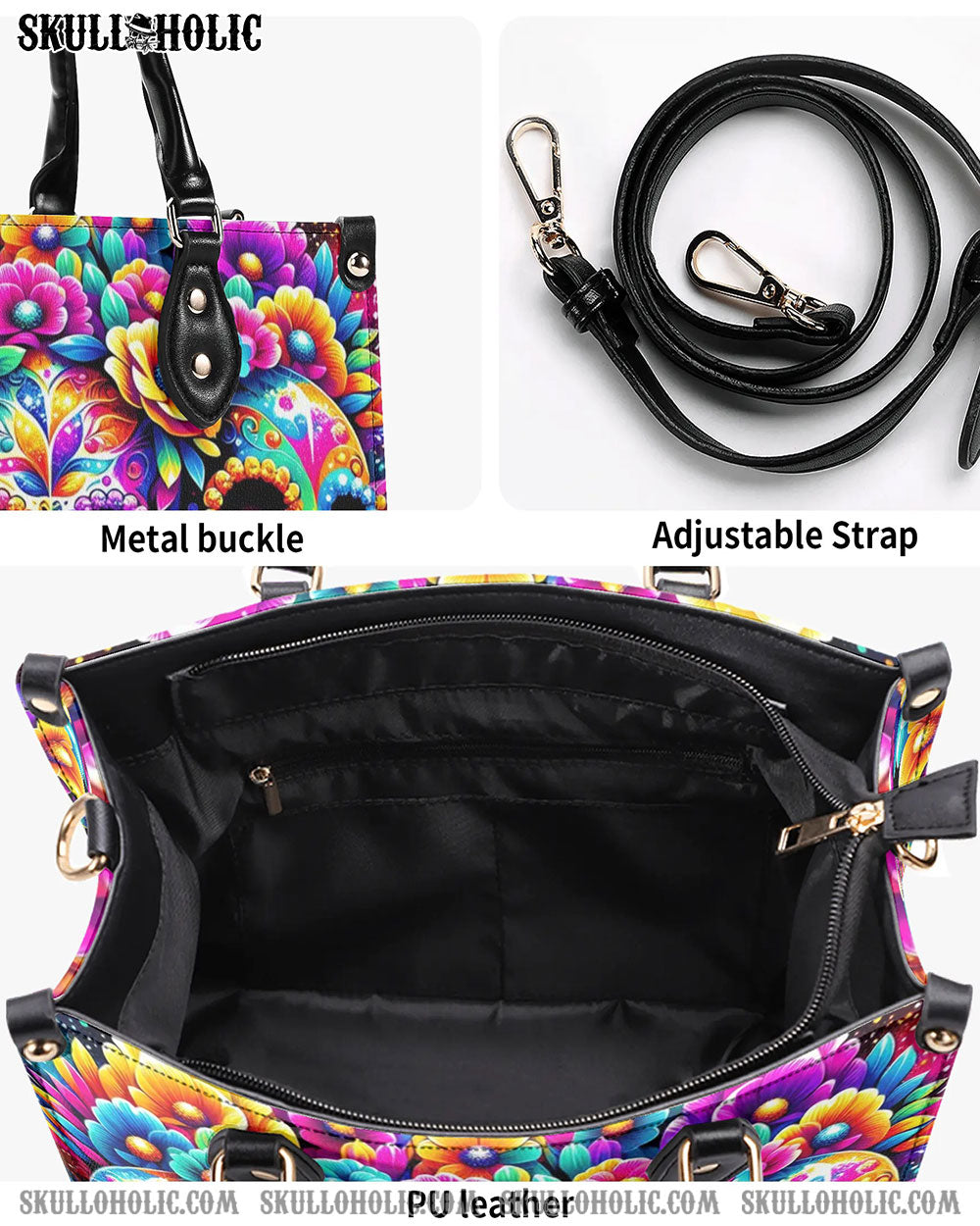 SEAMLESS RAINBOW SUGAR SKULL LEATHER HANDBAG - YHHG1106241