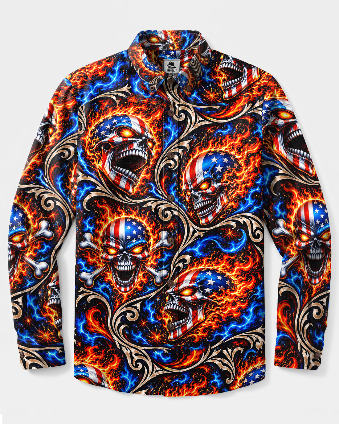 AMERICAN FIRE SKULL TRIBAL LONG SLEEVE BUTTON-DOWN SHIRT - YHHN0210265