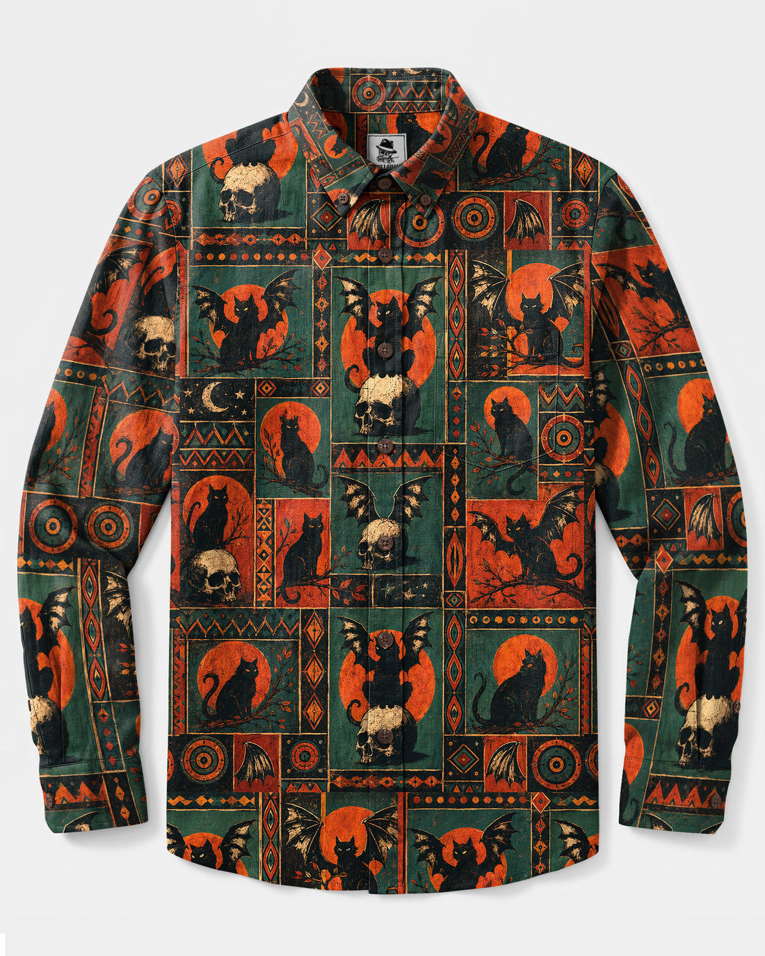 BLACK CAT SKULL MOON PATCHWORK LONG SLEEVE BUTTON-DOWN  SHIRT - TLHN0409263