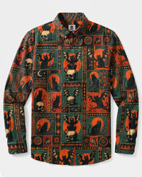 BLACK CAT SKULL MOON PATCHWORK LONG SLEEVE BUTTON-DOWN  SHIRT - TLHN0409263
