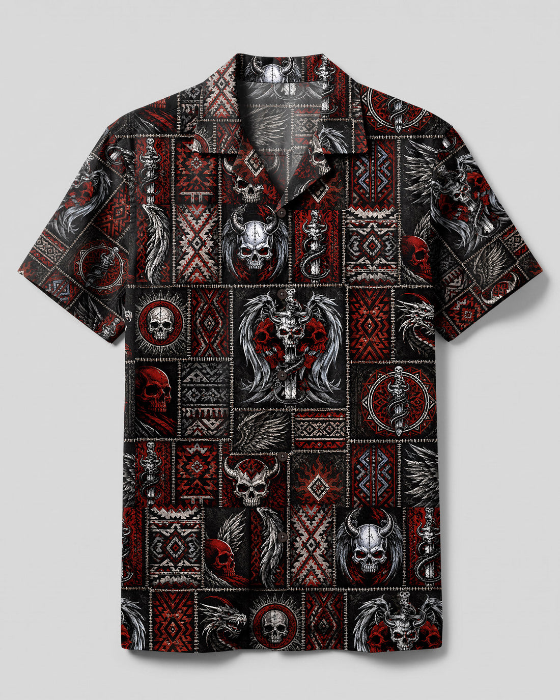 GOTHIC SKULL TRIBAL PATCHWORK CAMP SHIRT - TLHN2908265