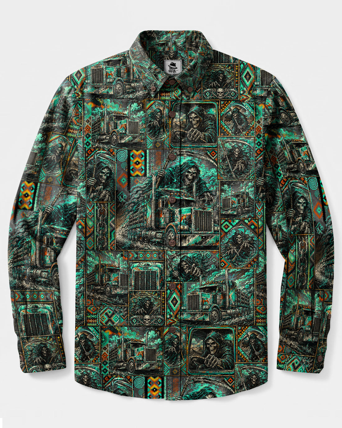 TRIBAL REAPER SKULL TRUCK LONG SLEEVE BUTTON-DOWN SHIRT - TLHN2608266