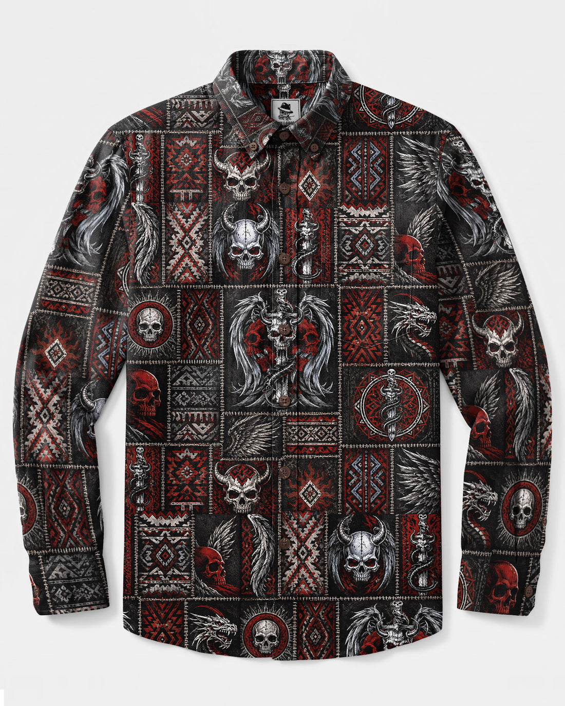 GOTHIC SKULL TRIBAL PATCHWORK LONG SLEEVE BUTTON-DOWN SHIRT - TLHN2908266