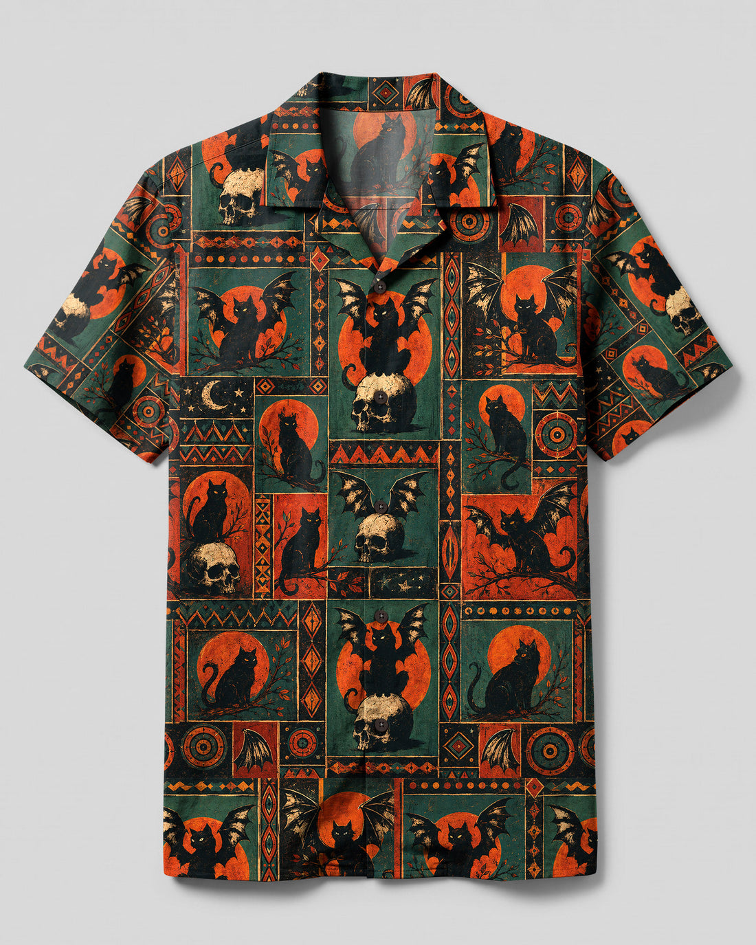 BLACK CAT SKULL MOON PATCHWORK CAMP SHIRT - TLHN0409262