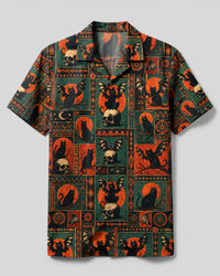 BLACK CAT SKULL MOON PATCHWORK CAMP SHIRT - TLHN0409262