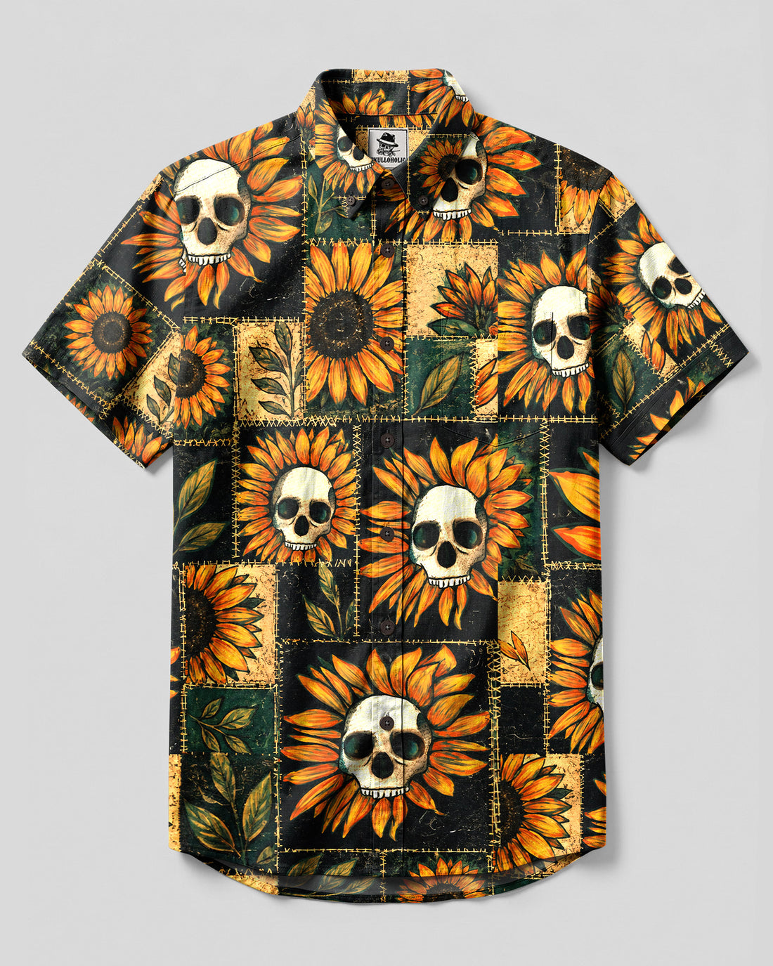 SKULL SUNFLOWER PATCHWORK BUTTON-DOWN COLLAR SHIRT  - TLHN0608261