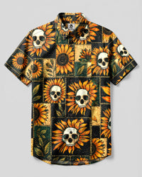 SKULL SUNFLOWER PATCHWORK BUTTON-DOWN COLLAR SHIRT  - TLHN0608261