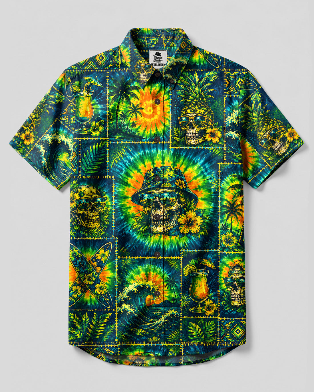 VIBRANT SKULL TROPICAL PATCHWORK BUTTON-DOWN COLLAR SHIRT - TLHN0708265