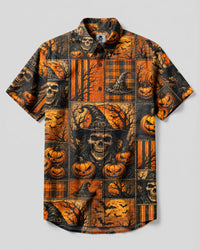 DARKNESS SKULL HALLOWEEN PATCHWORK BUTTON-DOWN COLLAR SHIRT - TLHN1408261