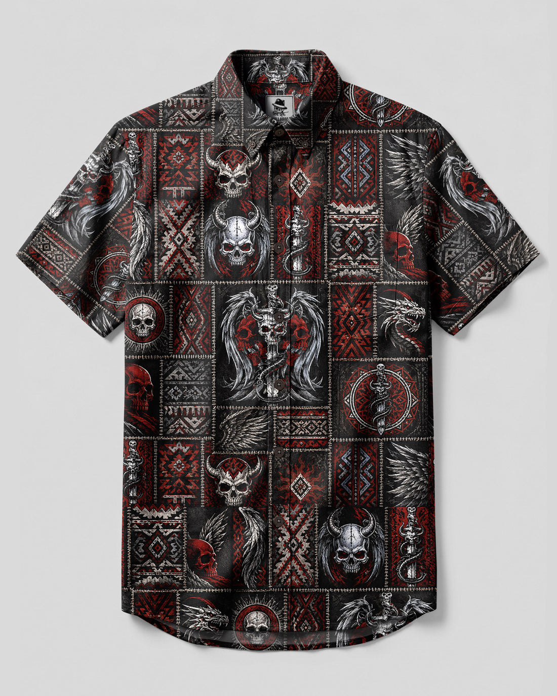GOTHIC SKULL TRIBAL PATCHWORK BUTTON-DOWN COLLAR SHIRT - TLHN2908264