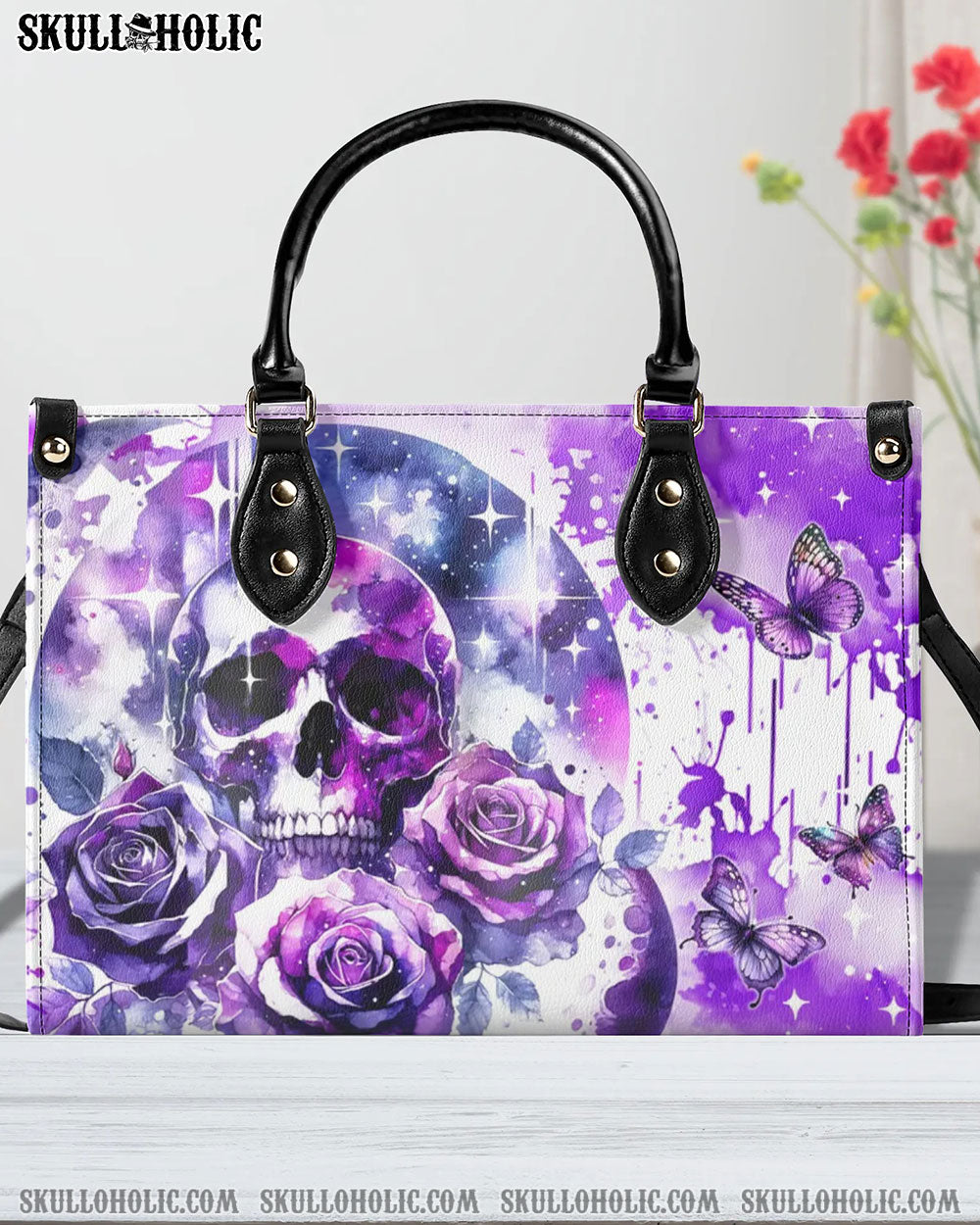 PURPLE SKULL ROSE LEATHER HANDBAG - YHDU2905242